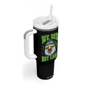 We Did Not Care Seattle Game Day Tumbler With Handle Bold Sarcastic Hawk City Skyline Sports Fan