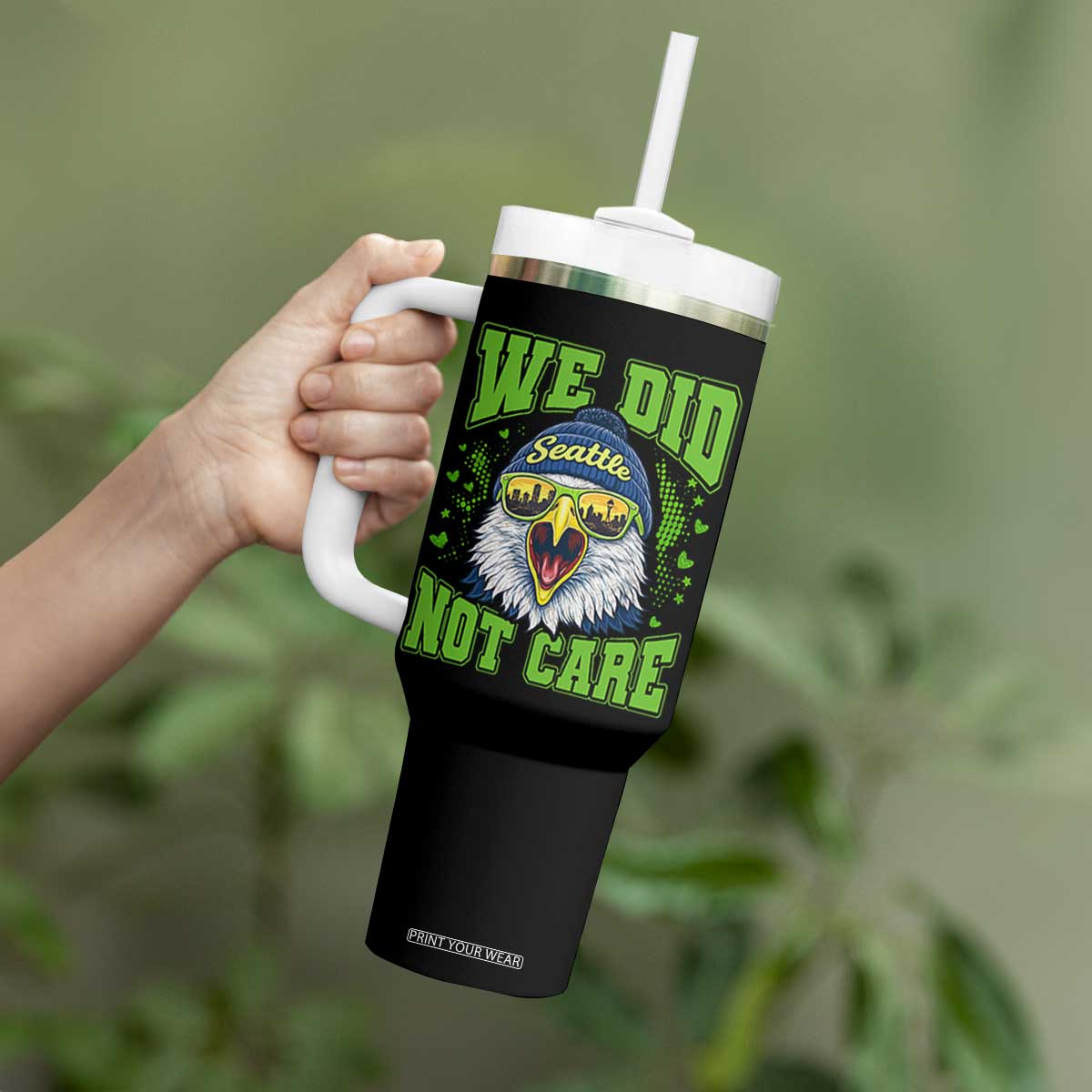 We Did Not Care Seattle Game Day Tumbler With Handle Bold Sarcastic Hawk City Skyline Sports Fan