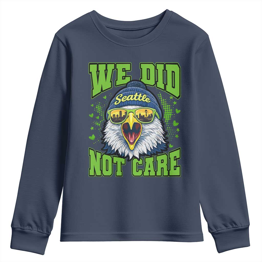 We Did Not Care Seattle Game Day Youth Sweatshirt Bold Sarcastic Hawk City Skyline Sports Fan