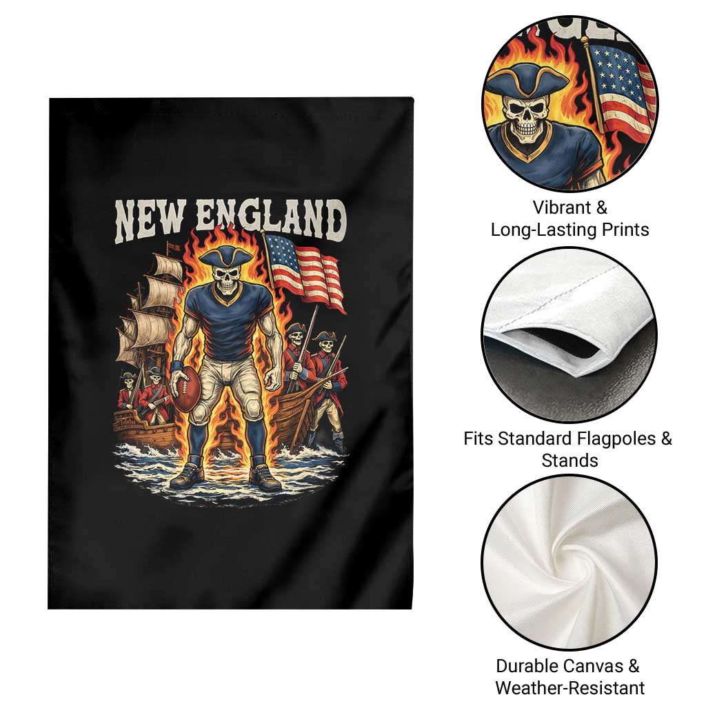 New England Fiery Skeleton Game Day Graphic Garden Flag Patriotic Revolutionary Sports Fan