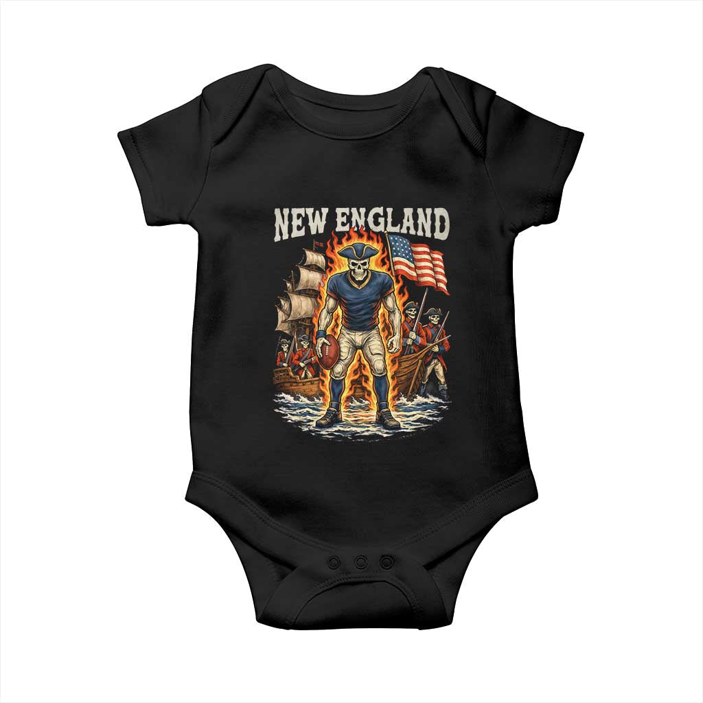 New England Fiery Skeleton Game Day Graphic Baby Onesie Patriotic Revolutionary Sports Fan TS02 Black Print Your Wear