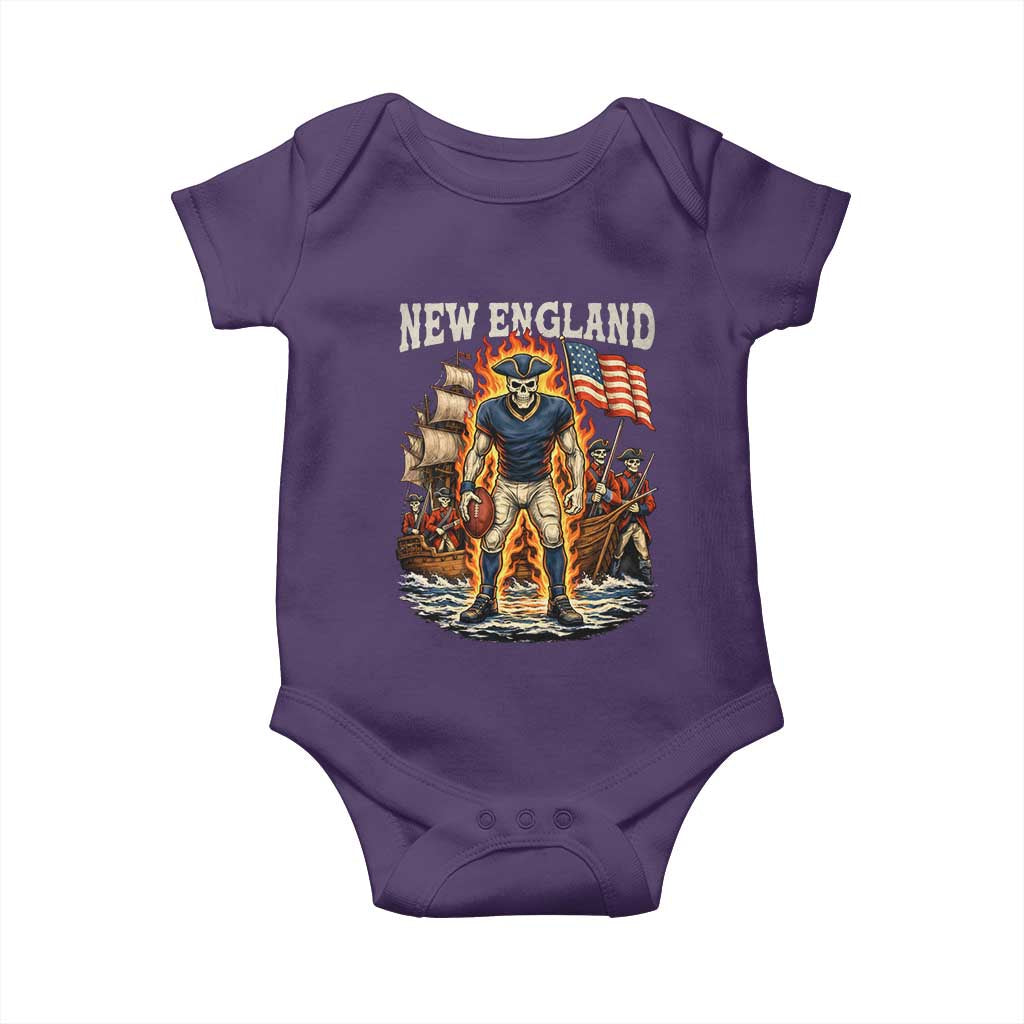 New England Fiery Skeleton Game Day Graphic Baby Onesie Patriotic Revolutionary Sports Fan