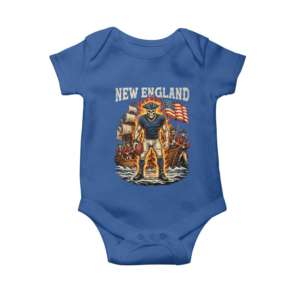 New England Fiery Skeleton Game Day Graphic Baby Onesie Patriotic Revolutionary Sports Fan