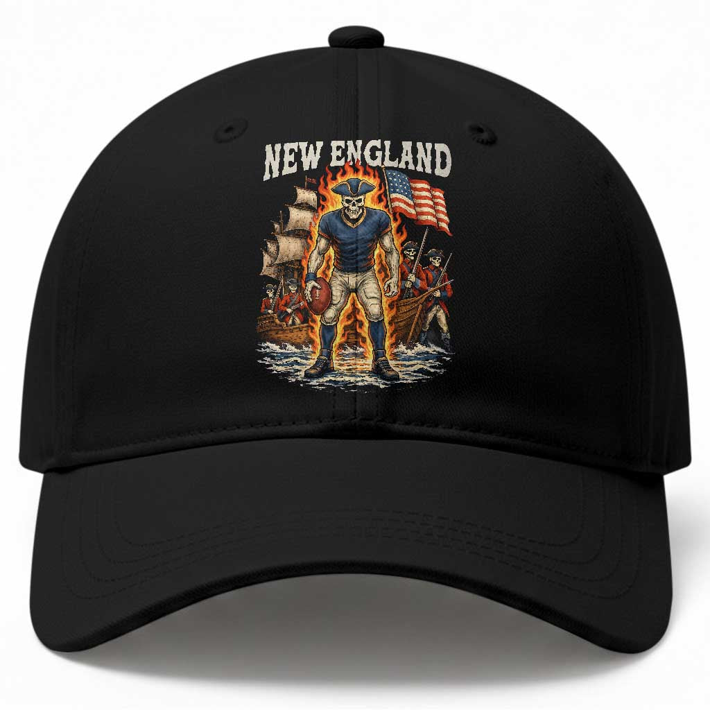 New England Fiery Skeleton Game Day Graphic Baseball Cap Patriotic Revolutionary Sports Fan TS02 Print Your Wear