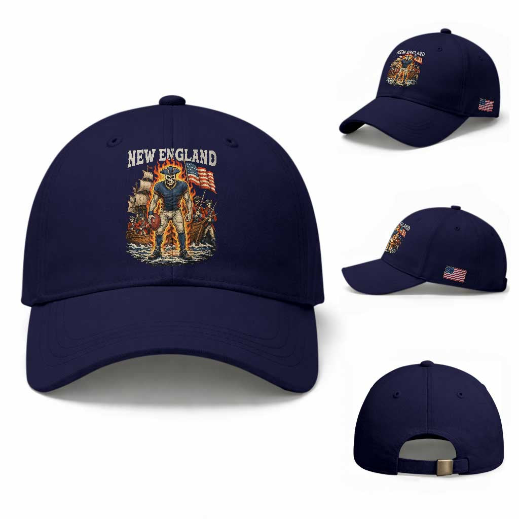 New England Fiery Skeleton Game Day Graphic Baseball Cap Patriotic Revolutionary Sports Fan