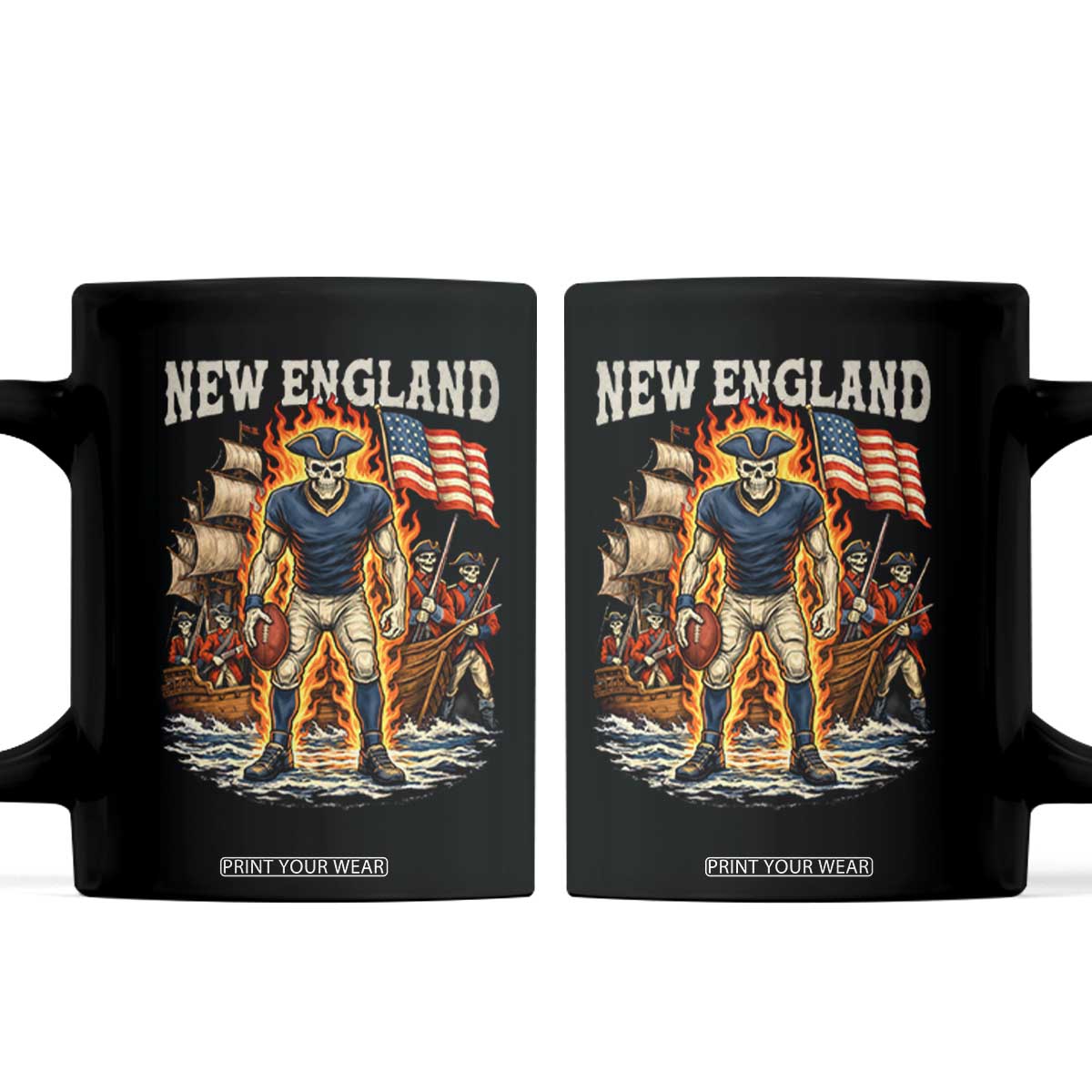 New England Fiery Skeleton Game Day Graphic Coffee Mug Patriotic Revolutionary Sports Fan TS02 Black Print Your Wear