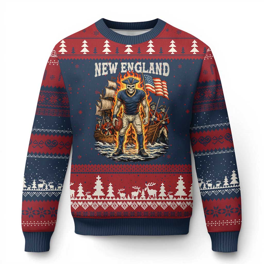 New England Fiery Skeleton Game Day Graphic Ugly Christmas Sweater Patriotic Revolutionary Sports Fan
