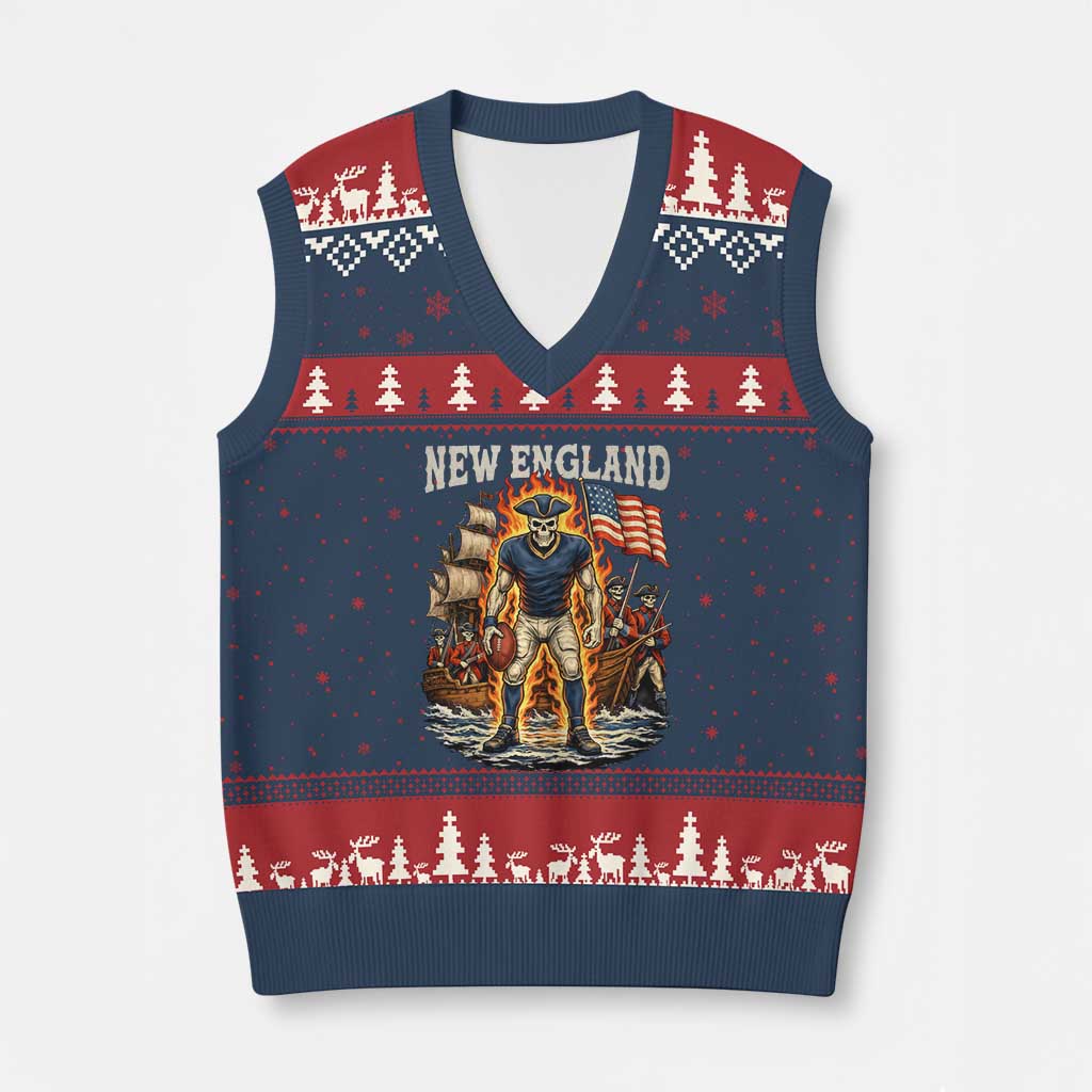 New England Fiery Skeleton Game Day Graphic V-Neck Knit Sweater Vest Patriotic Revolutionary Sports Fan TS02 Navy Red Print Your Wear