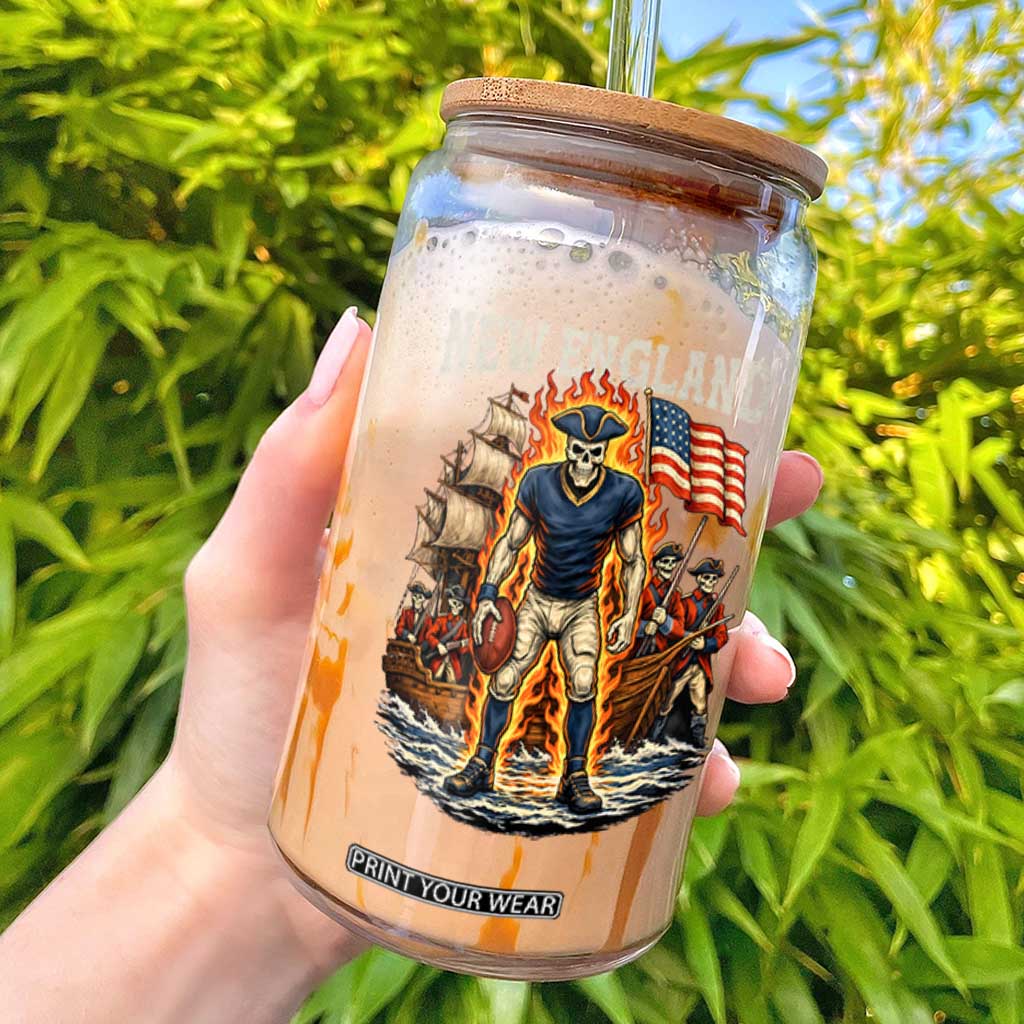 New England Fiery Skeleton Game Day Graphic Glass Can Patriotic Revolutionary Sports Fan TS02 Black Print Your Wear