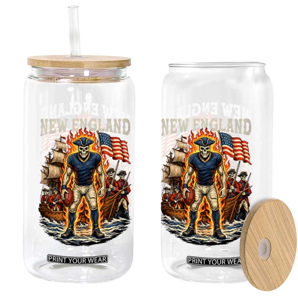 New England Fiery Skeleton Game Day Graphic Glass Can Patriotic Revolutionary Sports Fan