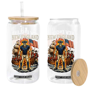 New England Fiery Skeleton Game Day Graphic Glass Can Patriotic Revolutionary Sports Fan