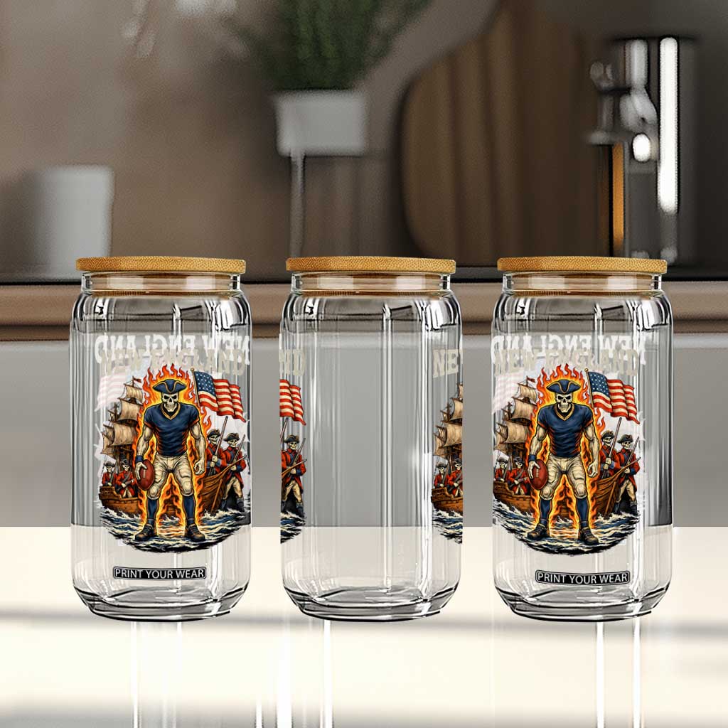New England Fiery Skeleton Game Day Graphic Glass Can Patriotic Revolutionary Sports Fan