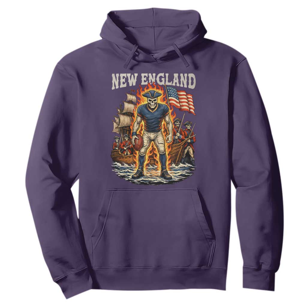 New England Fiery Skeleton Game Day Graphic Hoodie Patriotic Revolutionary Sports Fan