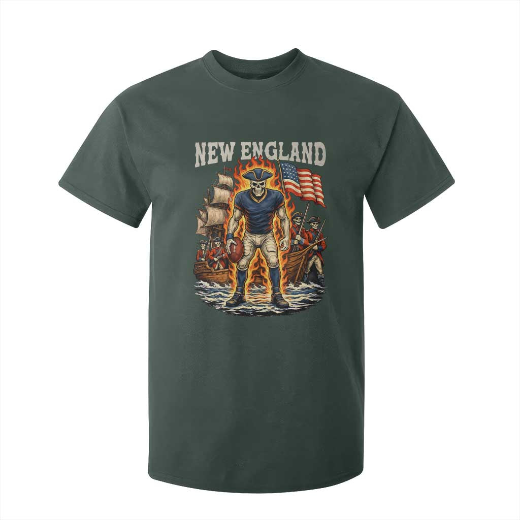New England Fiery Skeleton Game Day Graphic T Shirt For Kid Patriotic Revolutionary Sports Fan