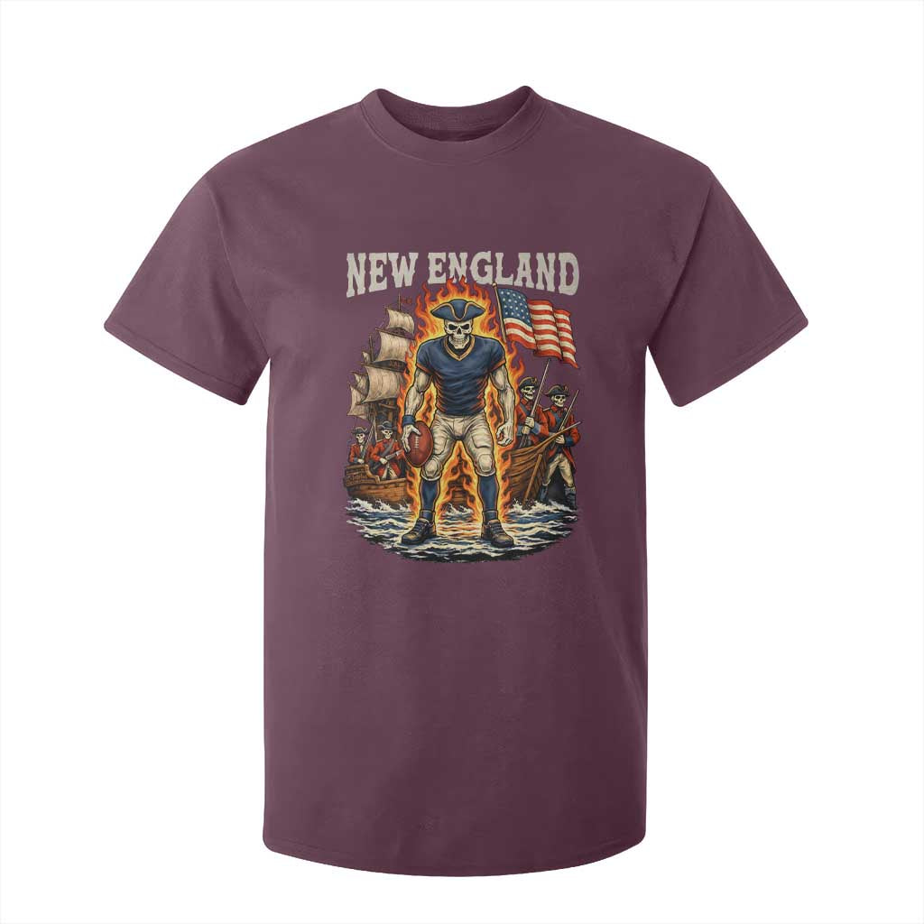 New England Fiery Skeleton Game Day Graphic T Shirt For Kid Patriotic Revolutionary Sports Fan