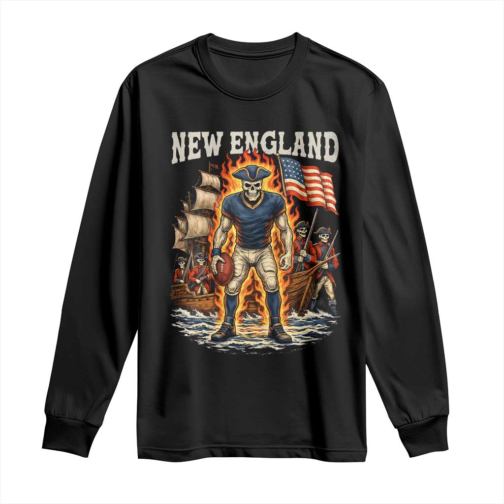 New England Fiery Skeleton Game Day Graphic Long Sleeve Shirt Patriotic Revolutionary Sports Fan TS02 Black Print Your Wear