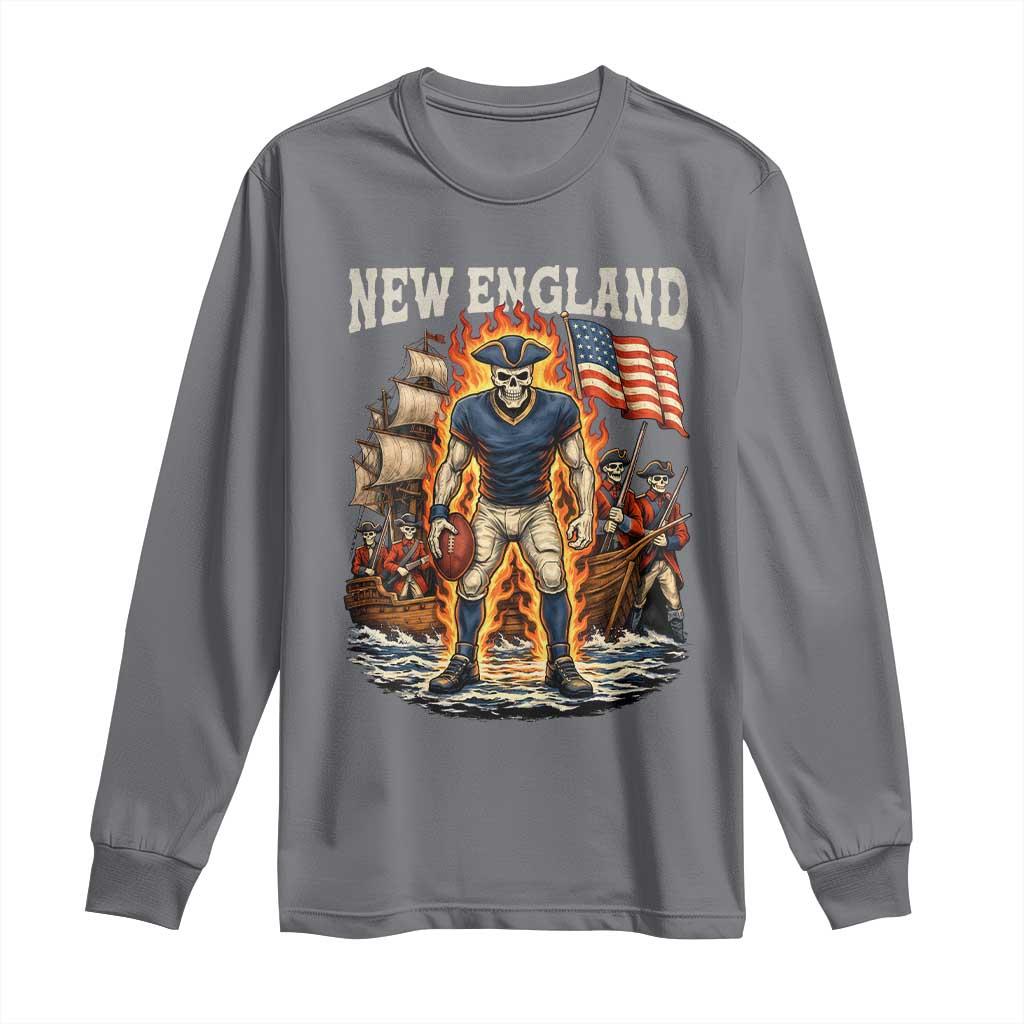 New England Fiery Skeleton Game Day Graphic Long Sleeve Shirt Patriotic Revolutionary Sports Fan