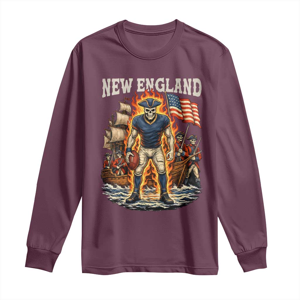 New England Fiery Skeleton Game Day Graphic Long Sleeve Shirt Patriotic Revolutionary Sports Fan