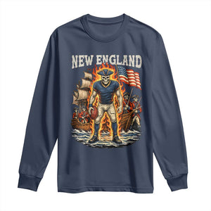New England Fiery Skeleton Game Day Graphic Long Sleeve Shirt Patriotic Revolutionary Sports Fan