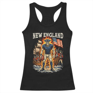 New England Fiery Skeleton Game Day Graphic Racerback Tank Top Patriotic Revolutionary Sports Fan