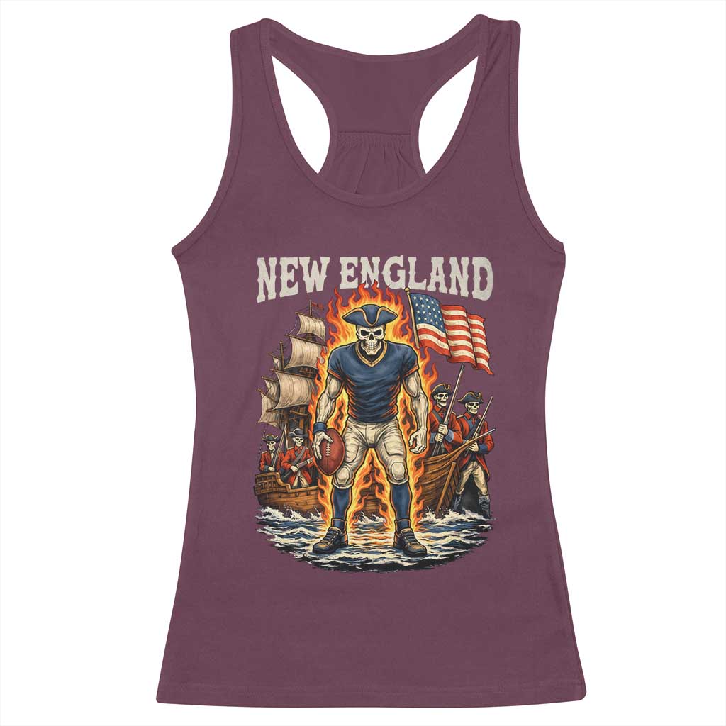 New England Fiery Skeleton Game Day Graphic Racerback Tank Top Patriotic Revolutionary Sports Fan
