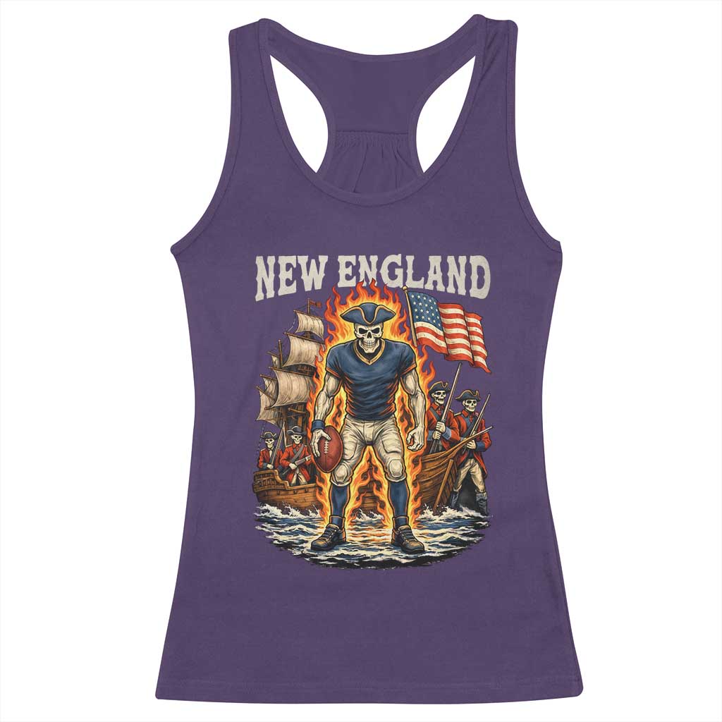 New England Fiery Skeleton Game Day Graphic Racerback Tank Top Patriotic Revolutionary Sports Fan