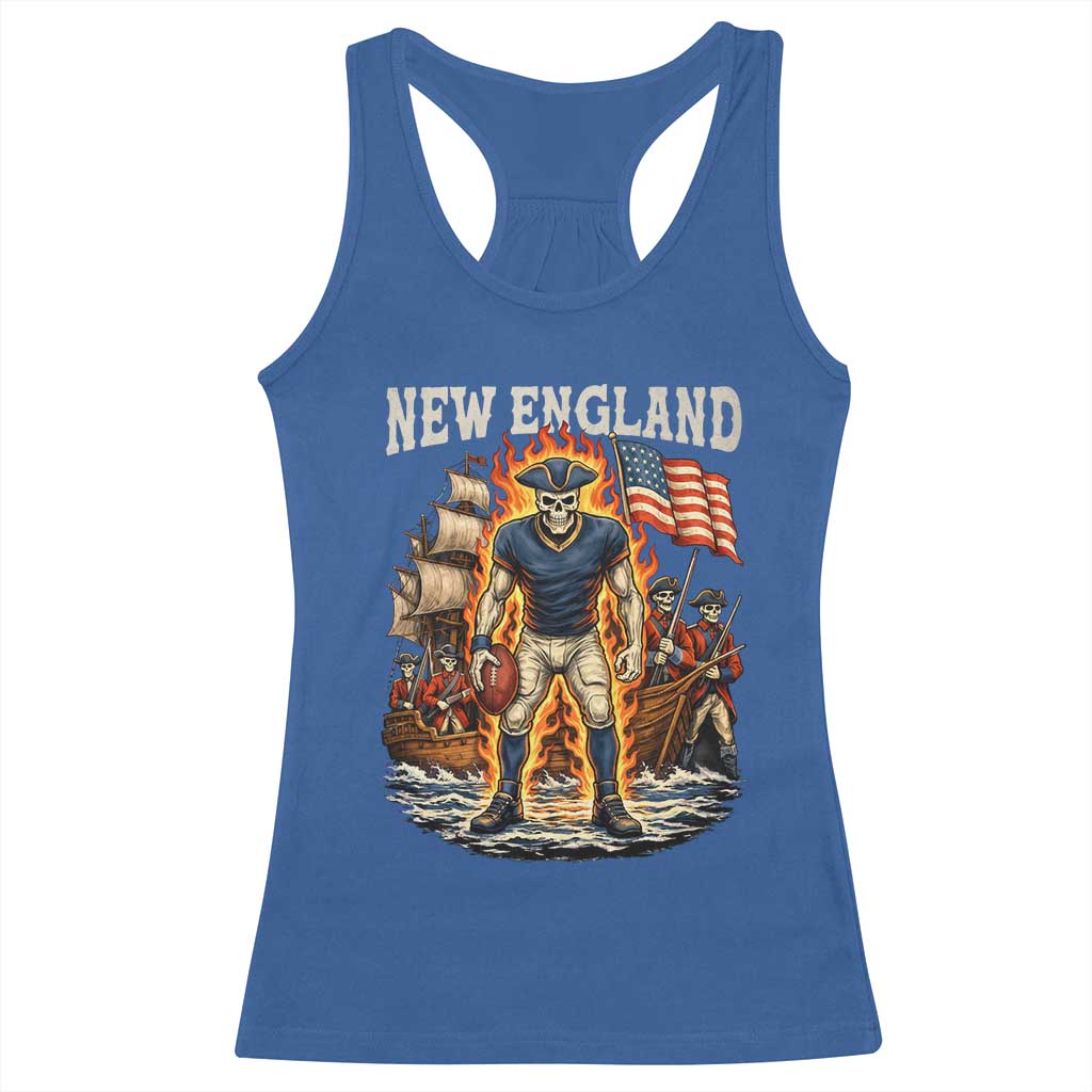 New England Fiery Skeleton Game Day Graphic Racerback Tank Top Patriotic Revolutionary Sports Fan