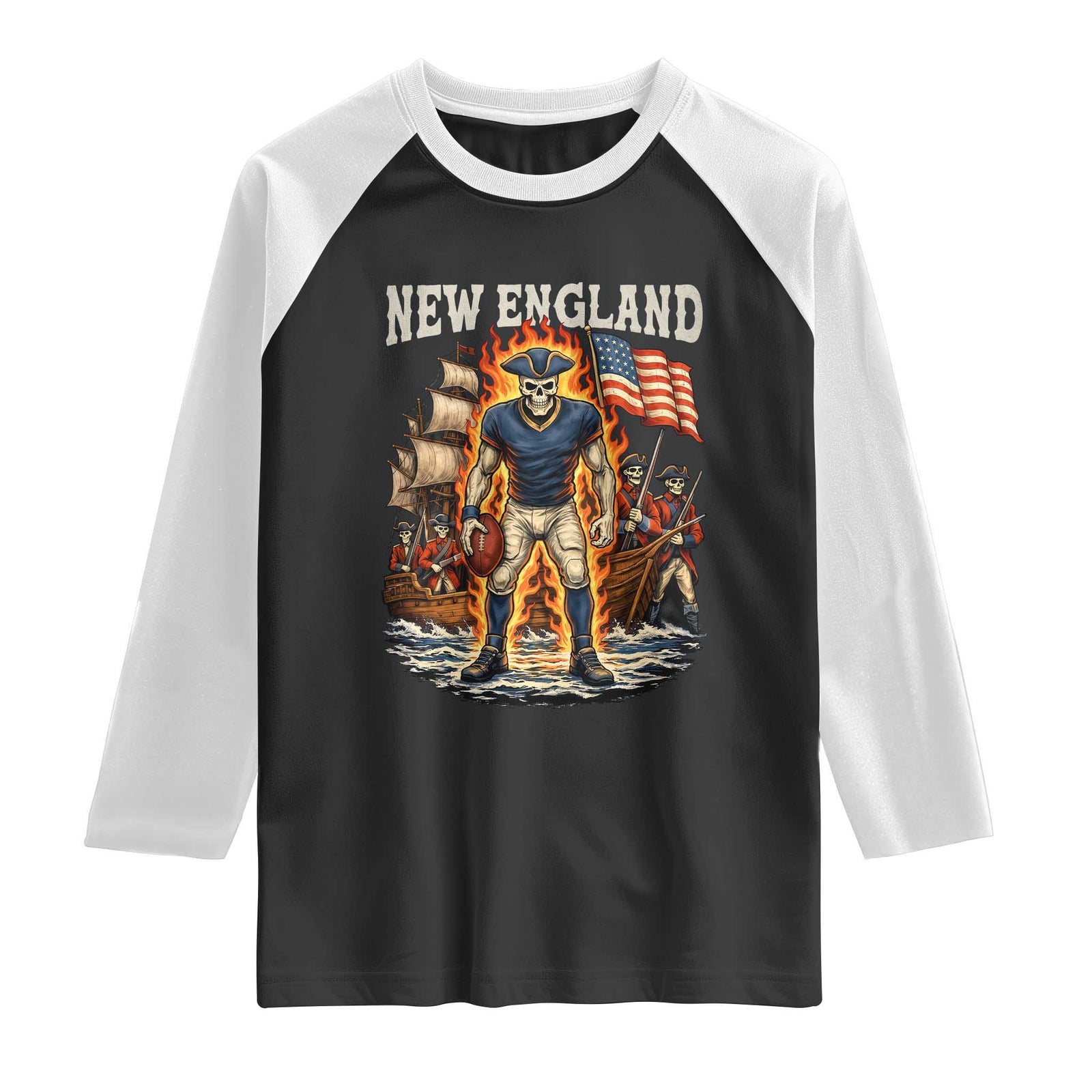 New England Fiery Skeleton Game Day Graphic Raglan Shirt Patriotic Revolutionary Sports Fan TS02 Black White Print Your Wear