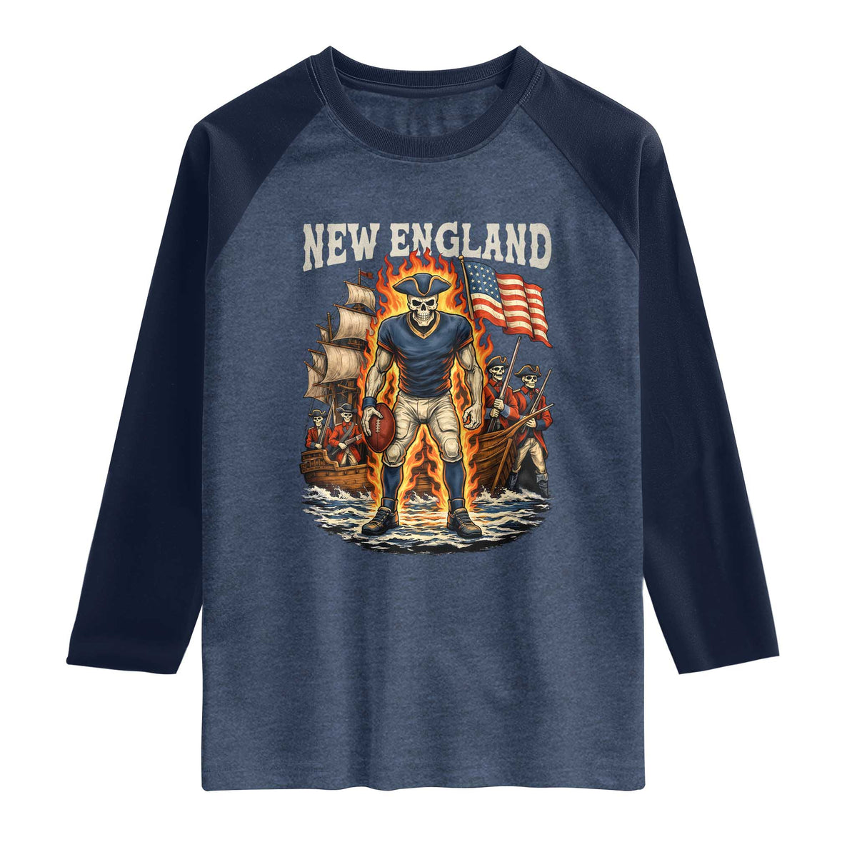 New England Fiery Skeleton Game Day Graphic Raglan Shirt Patriotic Revolutionary Sports Fan