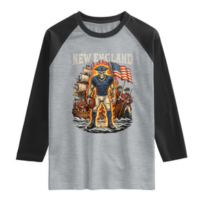 New England Fiery Skeleton Game Day Graphic Raglan Shirt Patriotic Revolutionary Sports Fan