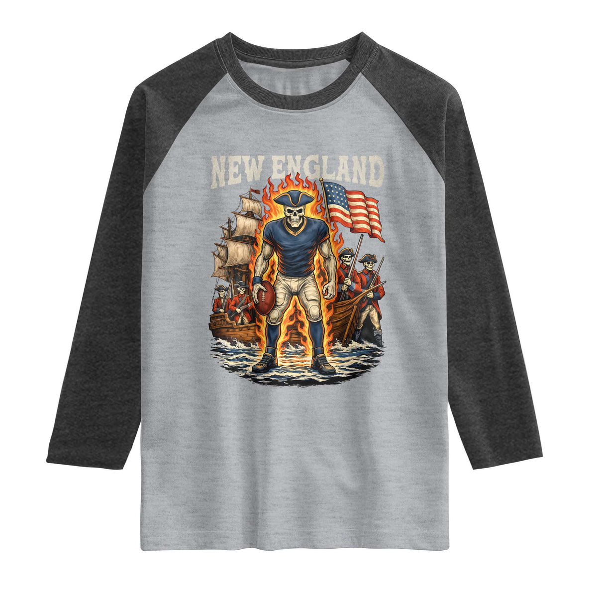 New England Fiery Skeleton Game Day Graphic Raglan Shirt Patriotic Revolutionary Sports Fan