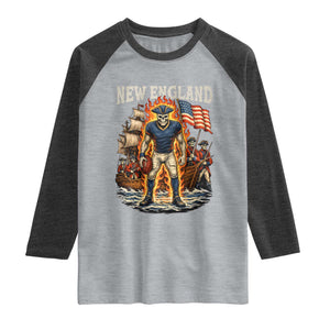 New England Fiery Skeleton Game Day Graphic Raglan Shirt Patriotic Revolutionary Sports Fan