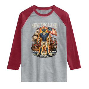 New England Fiery Skeleton Game Day Graphic Raglan Shirt Patriotic Revolutionary Sports Fan