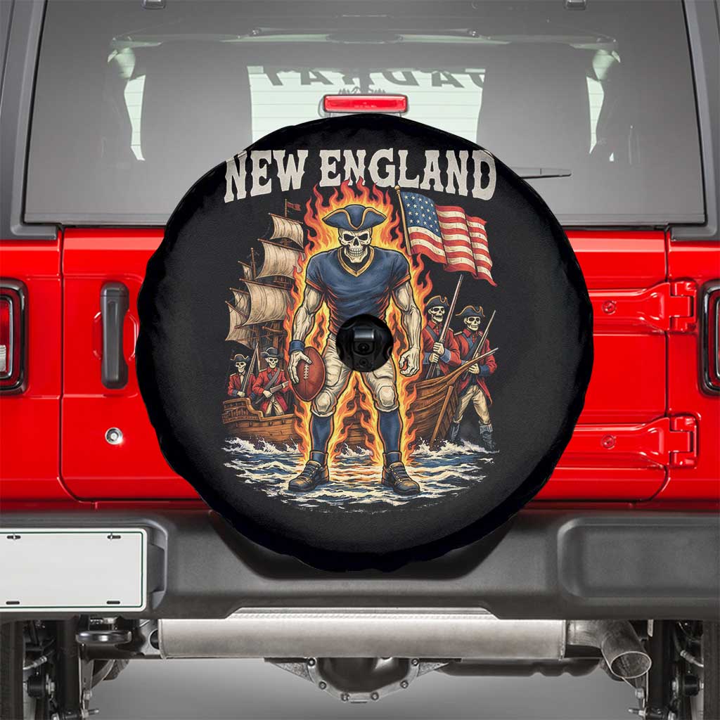 New England Fiery Skeleton Game Day Graphic Spare Tire Cover Patriotic Revolutionary Sports Fan