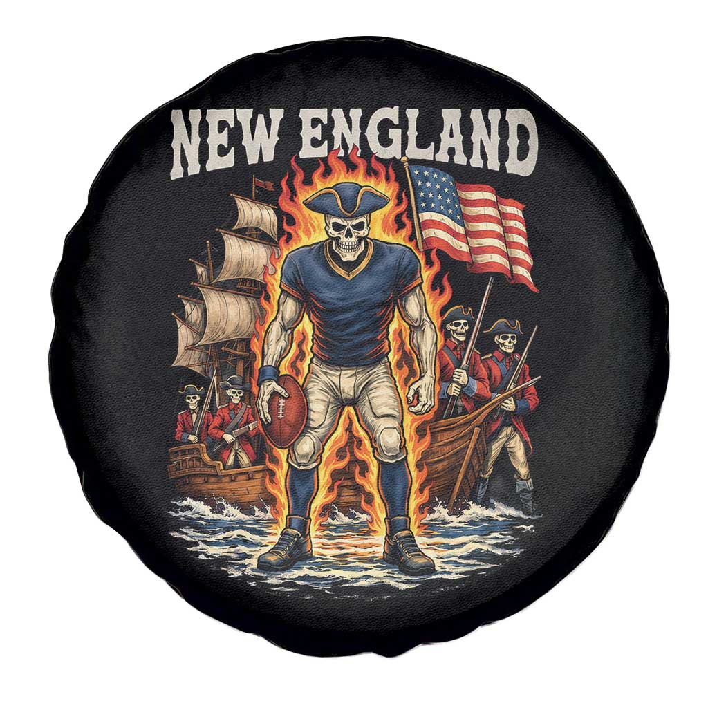 New England Fiery Skeleton Game Day Graphic Spare Tire Cover Patriotic Revolutionary Sports Fan