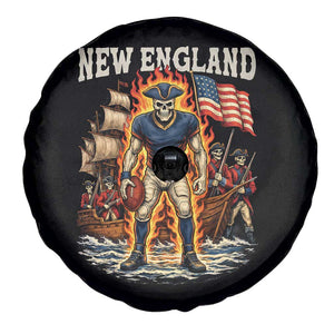 New England Fiery Skeleton Game Day Graphic Spare Tire Cover Patriotic Revolutionary Sports Fan