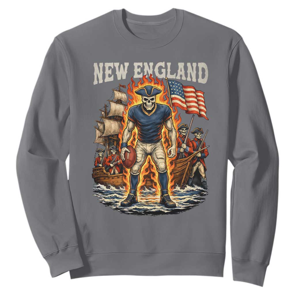New England Fiery Skeleton Game Day Graphic Sweatshirt Patriotic Revolutionary Sports Fan