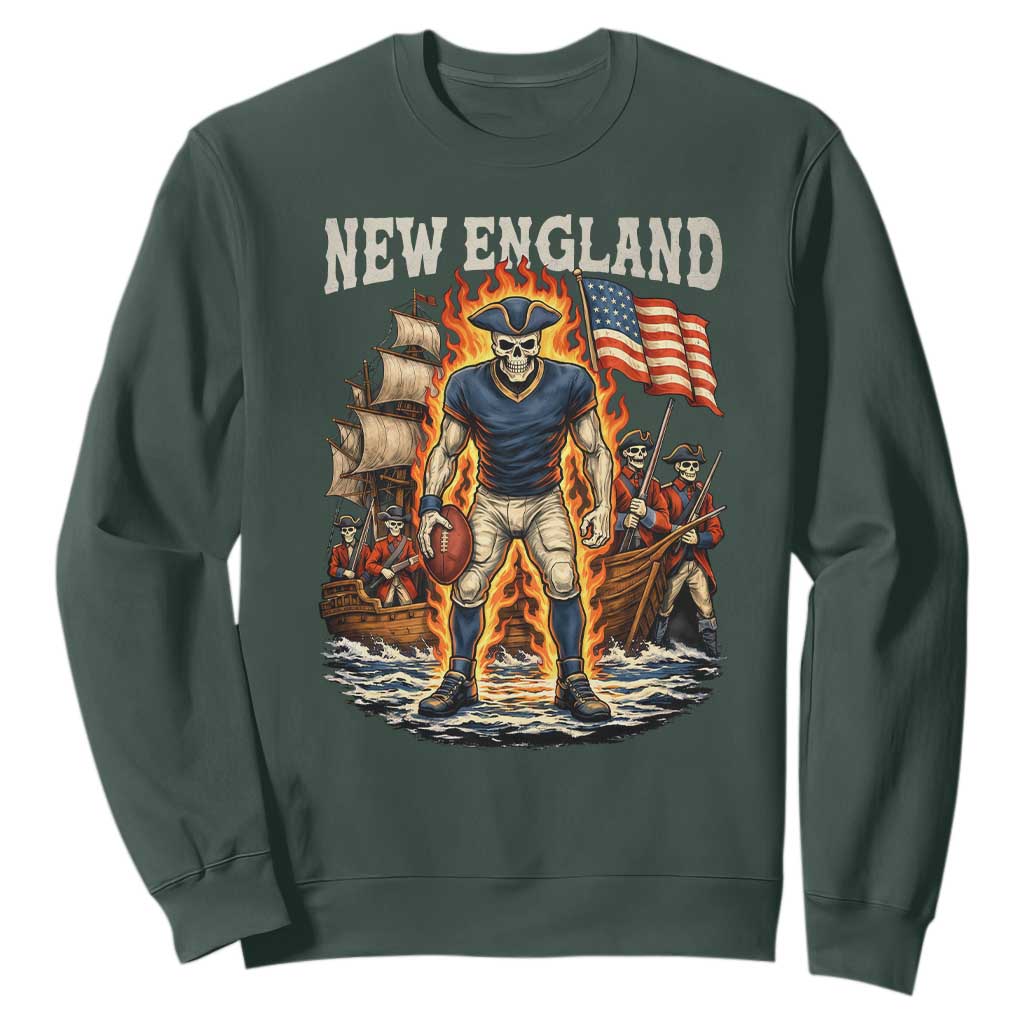New England Fiery Skeleton Game Day Graphic Sweatshirt Patriotic Revolutionary Sports Fan
