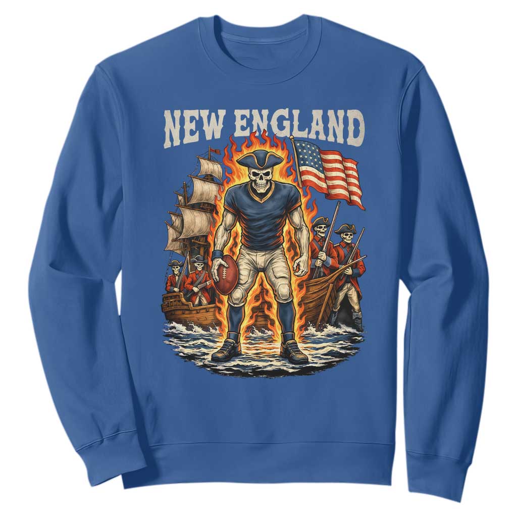New England Fiery Skeleton Game Day Graphic Sweatshirt Patriotic Revolutionary Sports Fan