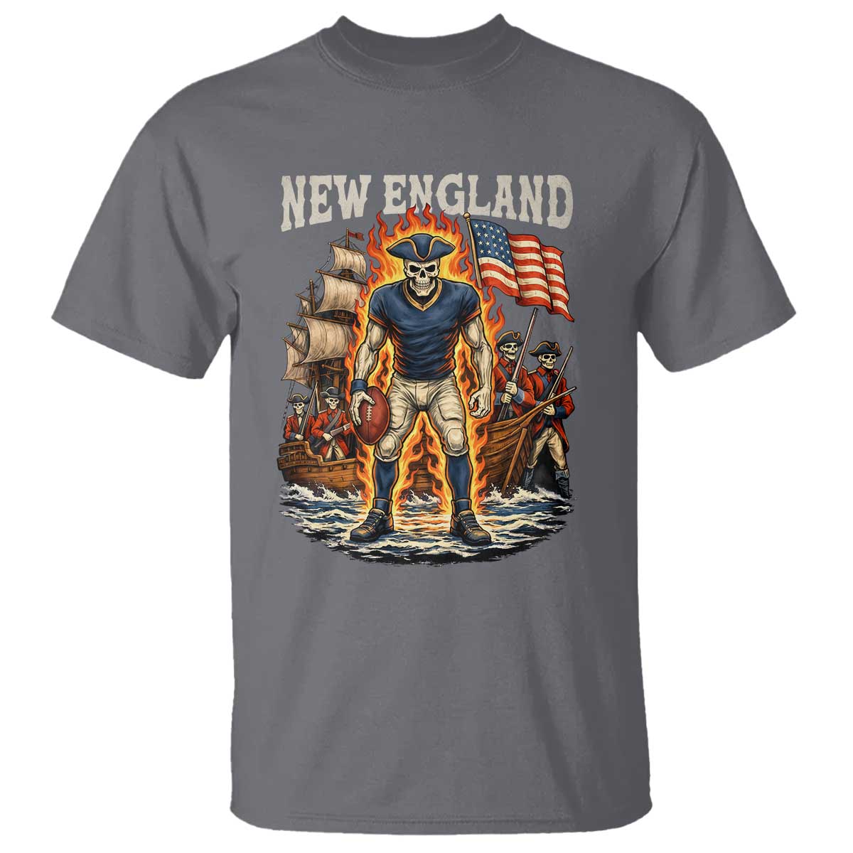 New England Fiery Skeleton Game Day Graphic T Shirt Patriotic Revolutionary Sports Fan