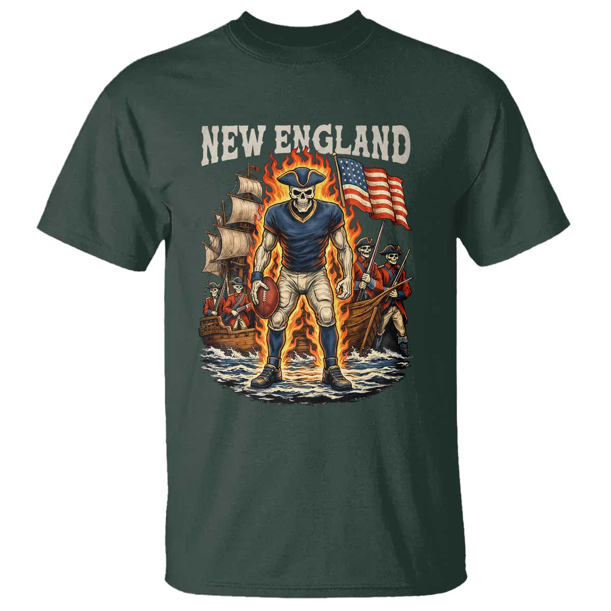 New England Fiery Skeleton Game Day Graphic T Shirt Patriotic Revolutionary Sports Fan