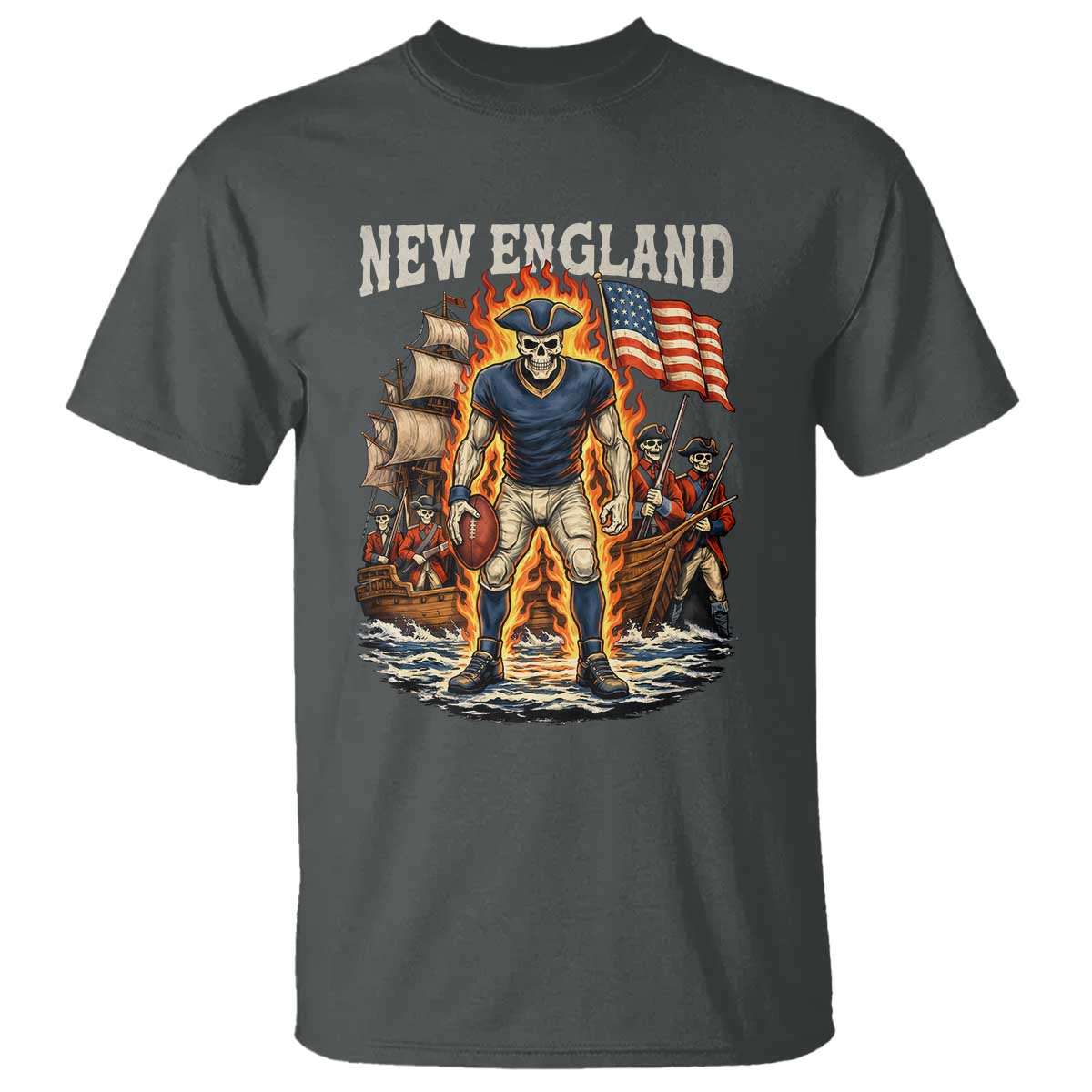 New England Fiery Skeleton Game Day Graphic T Shirt Patriotic Revolutionary Sports Fan