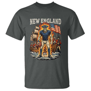New England Fiery Skeleton Game Day Graphic T Shirt Patriotic Revolutionary Sports Fan