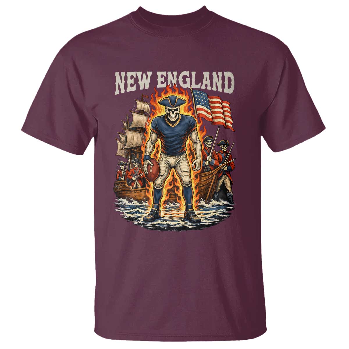 New England Fiery Skeleton Game Day Graphic T Shirt Patriotic Revolutionary Sports Fan