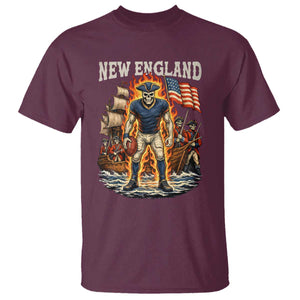 New England Fiery Skeleton Game Day Graphic T Shirt Patriotic Revolutionary Sports Fan