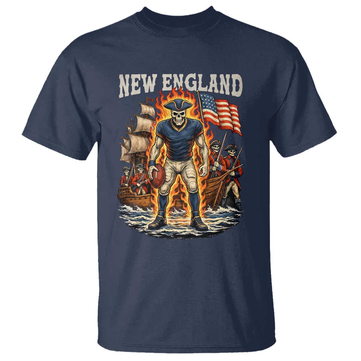 New England Fiery Skeleton Game Day Graphic T Shirt Patriotic Revolutionary Sports Fan