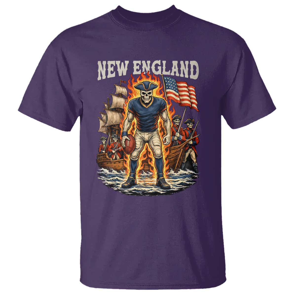 New England Fiery Skeleton Game Day Graphic T Shirt Patriotic Revolutionary Sports Fan