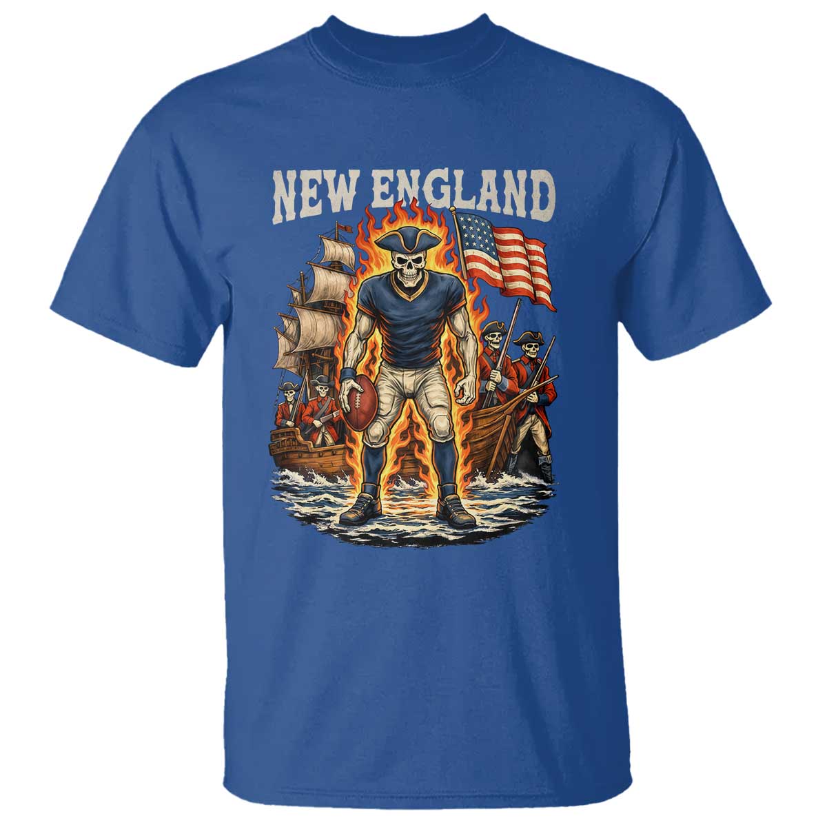 New England Fiery Skeleton Game Day Graphic T Shirt Patriotic Revolutionary Sports Fan