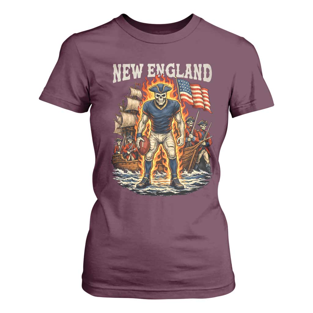 New England Fiery Skeleton Game Day Graphic T Shirt For Women Patriotic Revolutionary Sports Fan