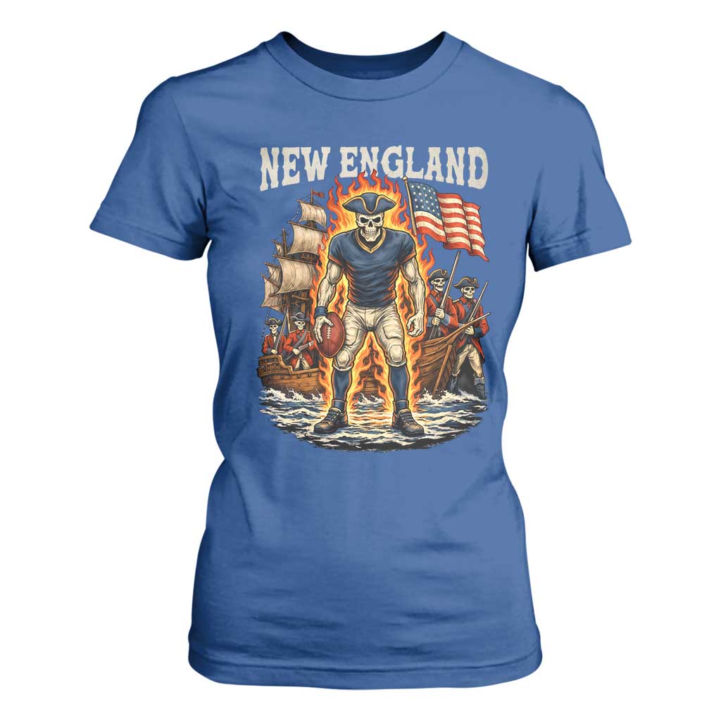 New England Fiery Skeleton Game Day Graphic T Shirt For Women Patriotic Revolutionary Sports Fan